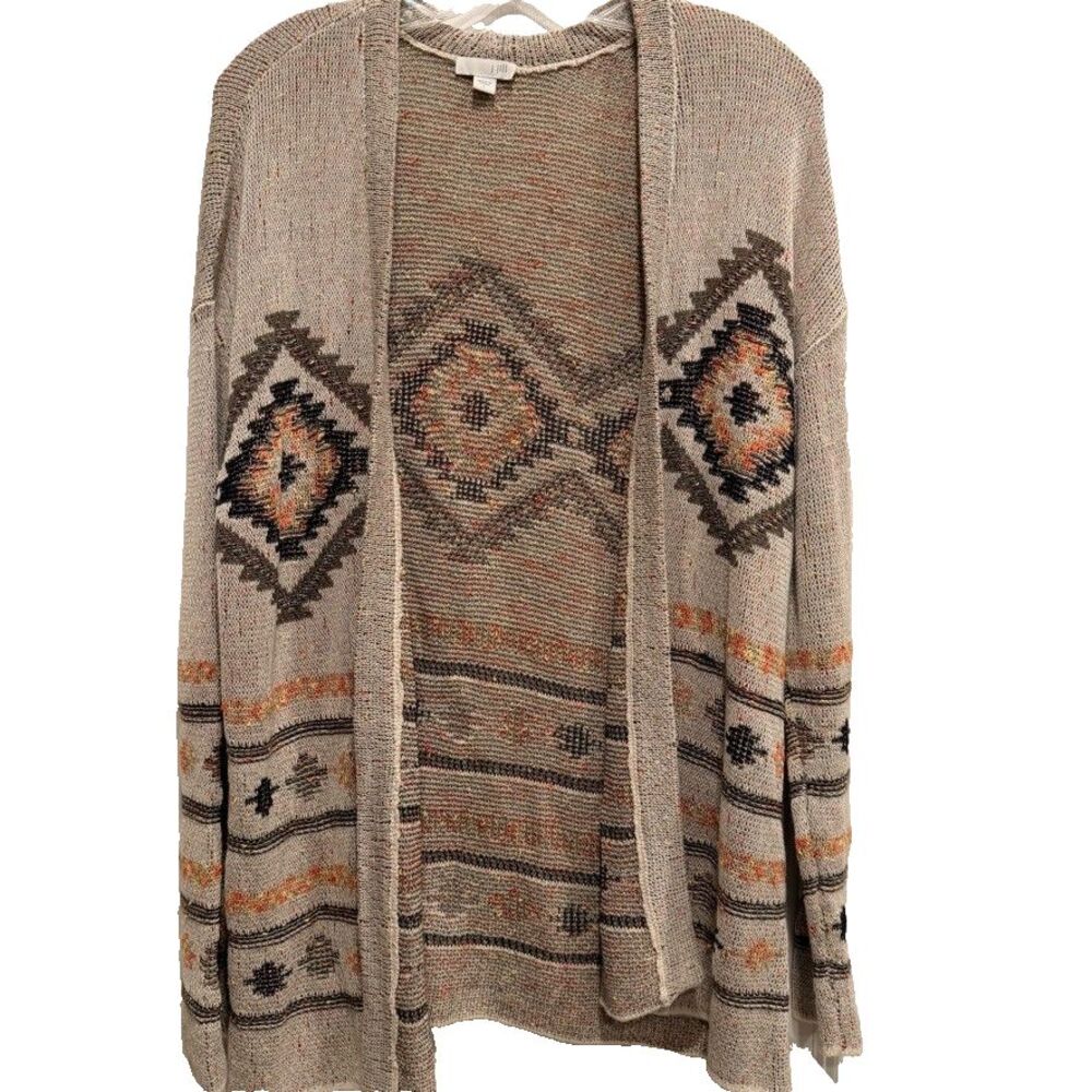 J Jill Womens Large Open Front Cardigan Aztec Western Boho Intarsia Knit Oatmeal